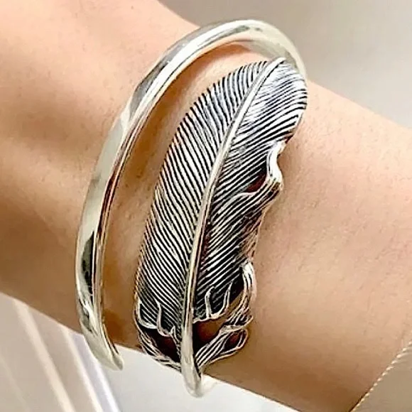 Silver Feather Bangle Cuff Bracelet - Picture 3 of 9